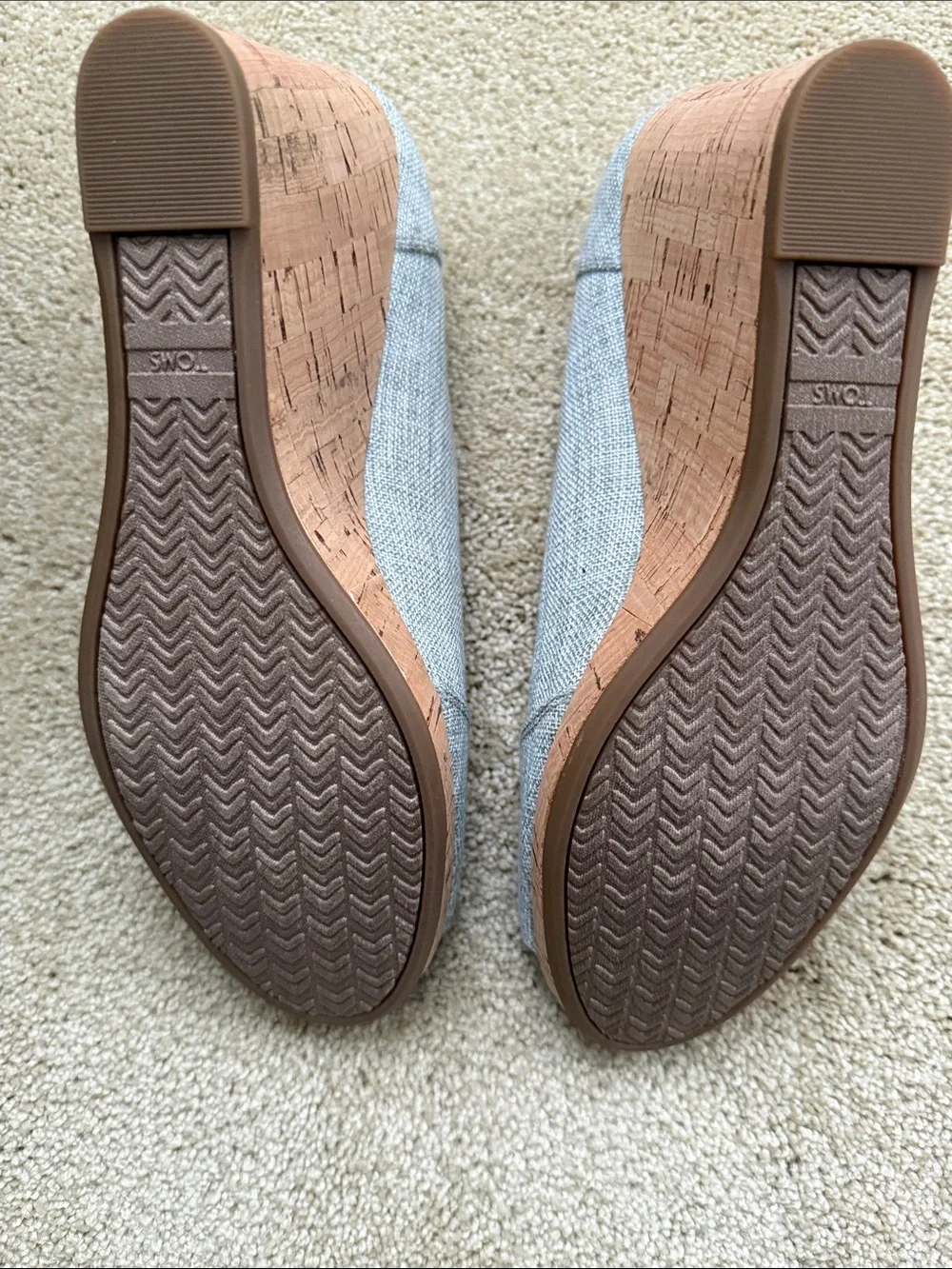 TOMS Light Denim Blue/grey Linen Peep-Toe Cork Wedge Heels